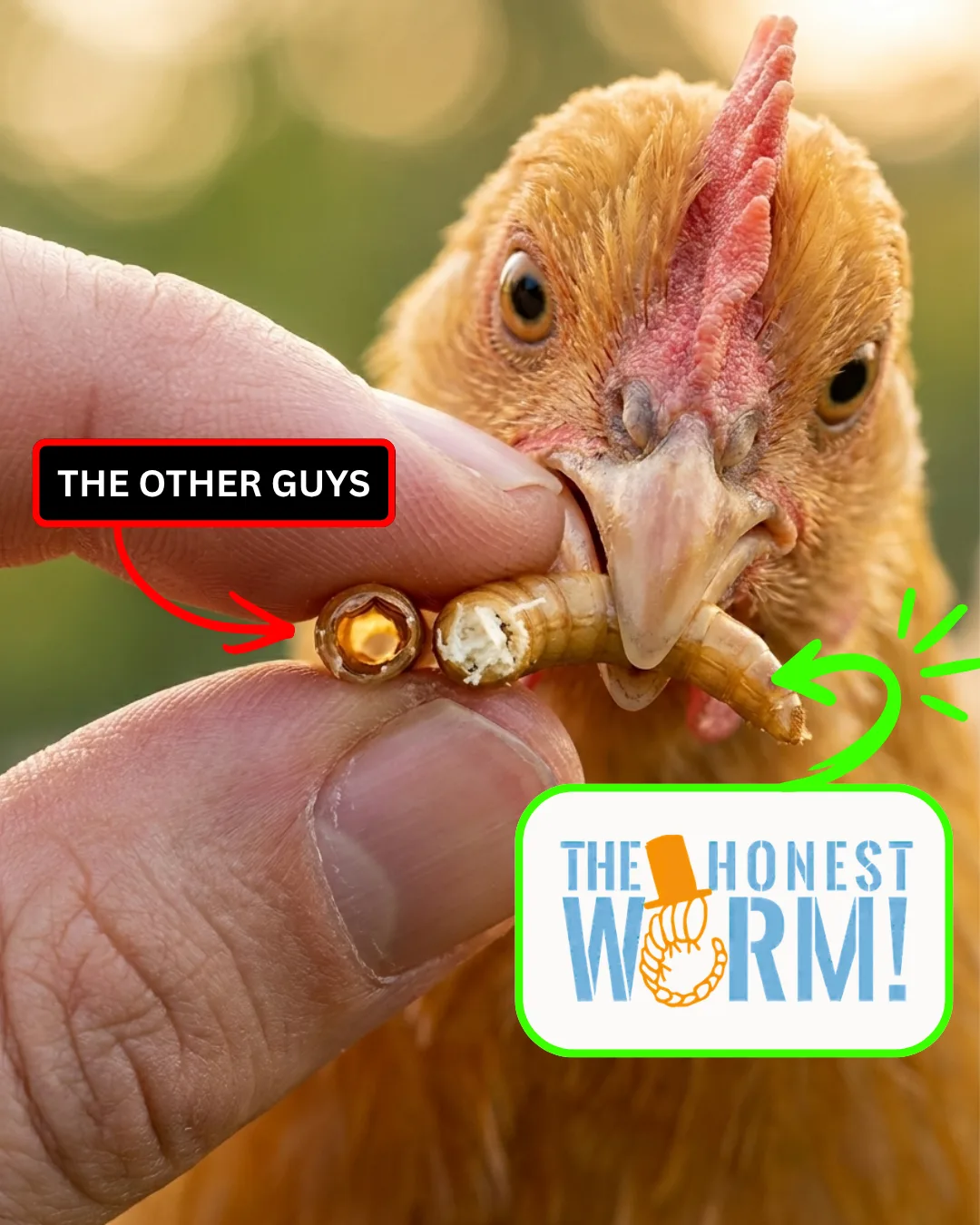 Side-by-side comparison of a hollow microwave-dried mealworm and a nutrient-dense freeze-dried Honest Worm